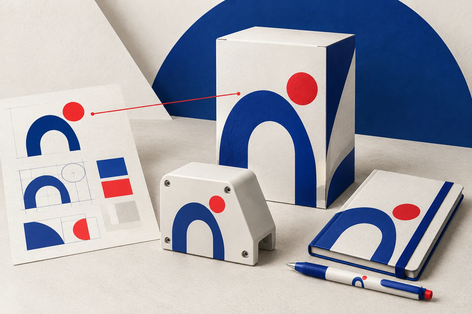 Abstract illustration of one original design carried across a product, packaging and stationery