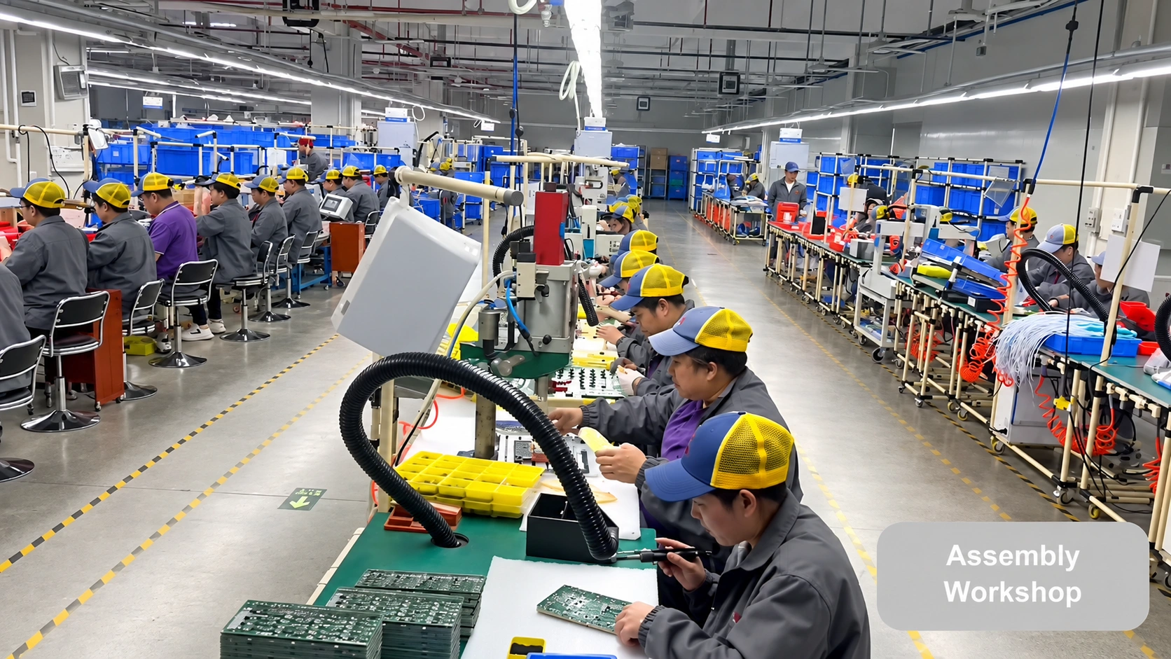 Assembly workstations and operators in the Xinyinhai workshop