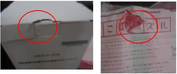 Damaged box and plastic bag. Left: damage to a printed box. Right: a torn plastic bag. The source groups these two photographs under one caption.