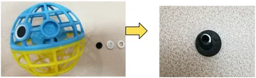 Detached small parts: product and detail. The arrow links the ball and separated parts on the left to a detail of the black component on the right.