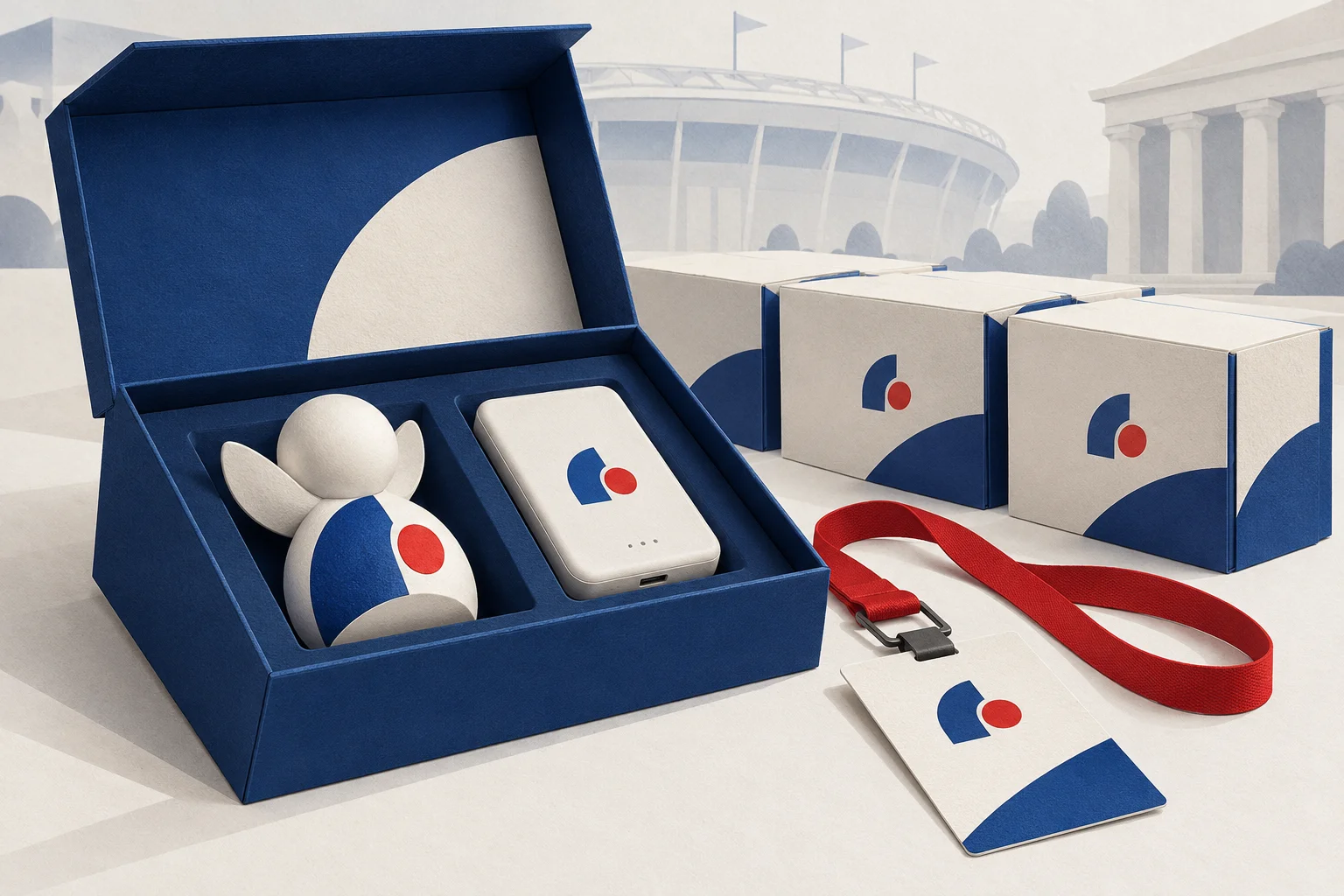 Abstract illustration of coordinated gift sets, event passes and bulk packaging for corporate, government and event buyers