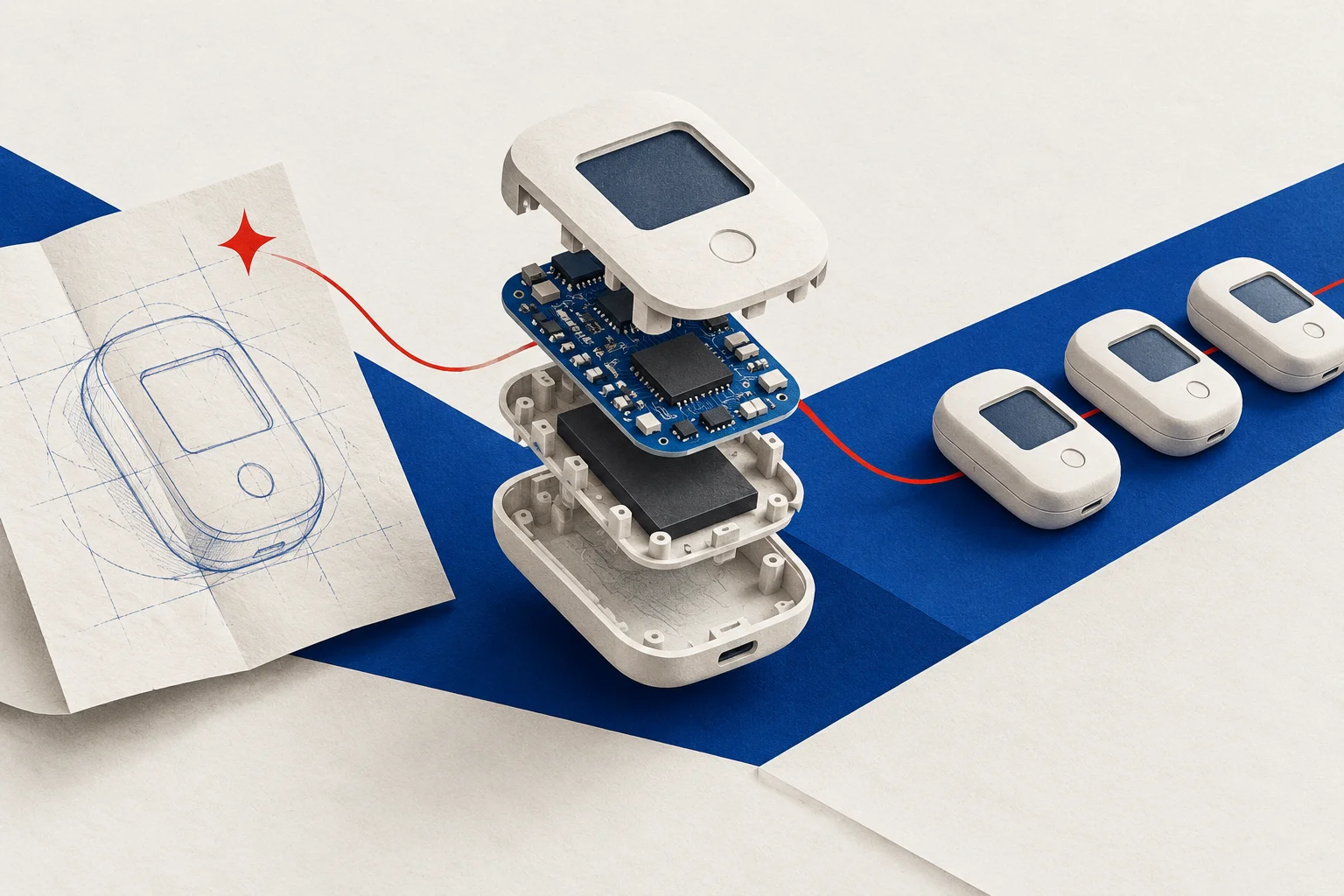 Abstract illustration of a product idea progressing from drawings and an electronic prototype to repeat production